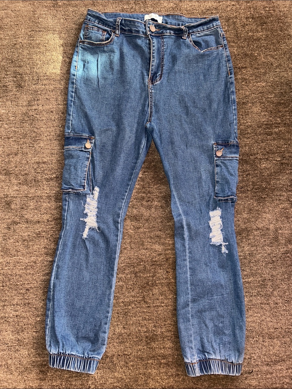 BAMBOO Women's Blue Distressed Cargo Boyfriend Jeans